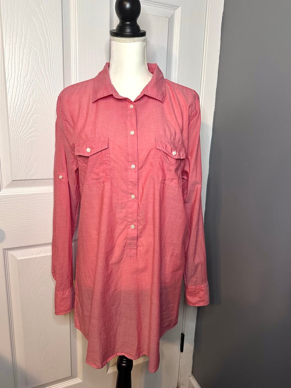 J. Crew Chambray Popover Tunic Shirt Roll Tab Long Sleeve Red Size Large